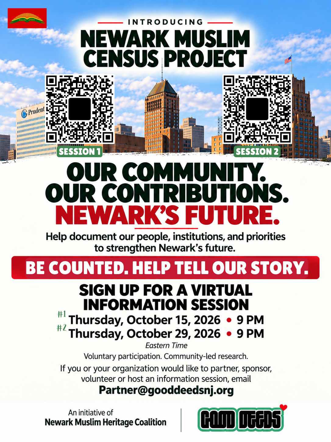Flyer for the Newark Muslim Census Project virtual information sessions